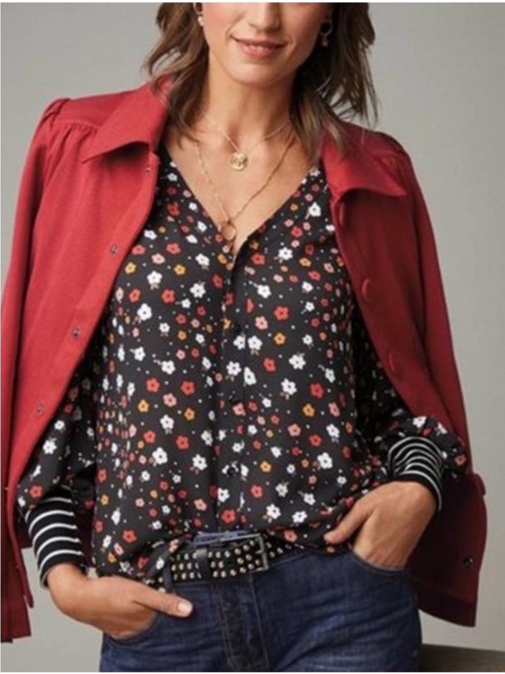 CAbi Black Floral V-Neck Blouse with Red and White Flowers